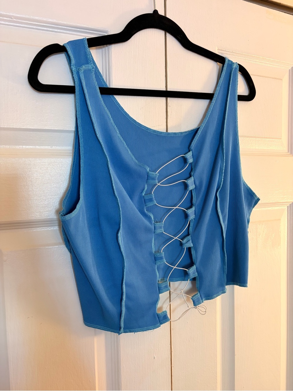 Lace-Up Ribbed Crop Tank in Sky Blue